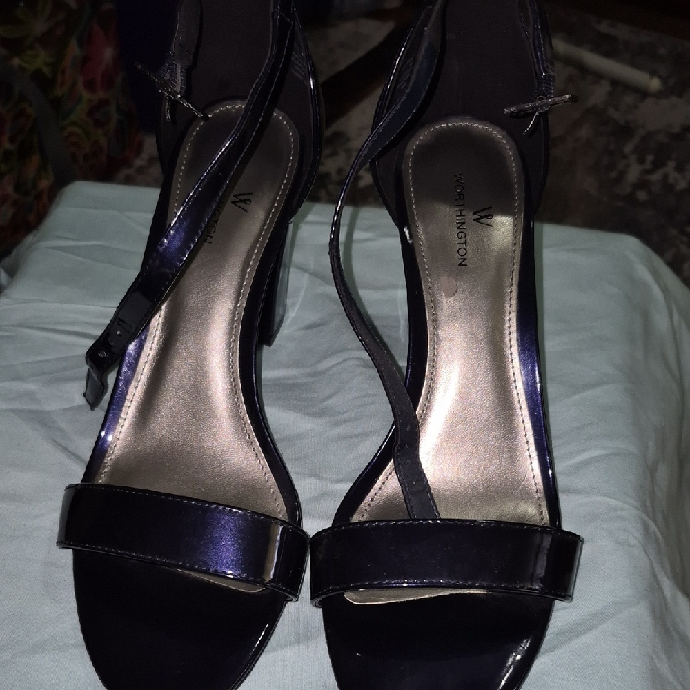 Worthington Navy Patent Strappy Block Heels